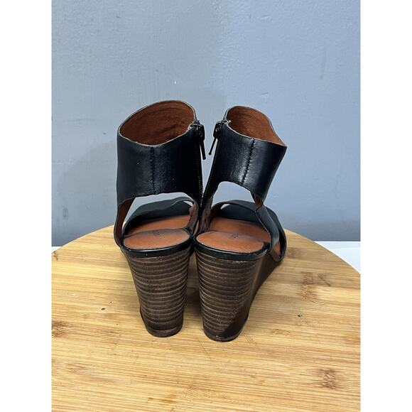 Lucky Brand Raisza Wedge Sandals Womens size 7 Leather Ankle Strap Black - Picture 4 of 7